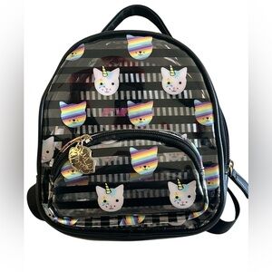 BETSEY JOHNSON Kids Unicorn Cat Clear Mini Backpack 9”x7” BJ Embossed Strap. EUC